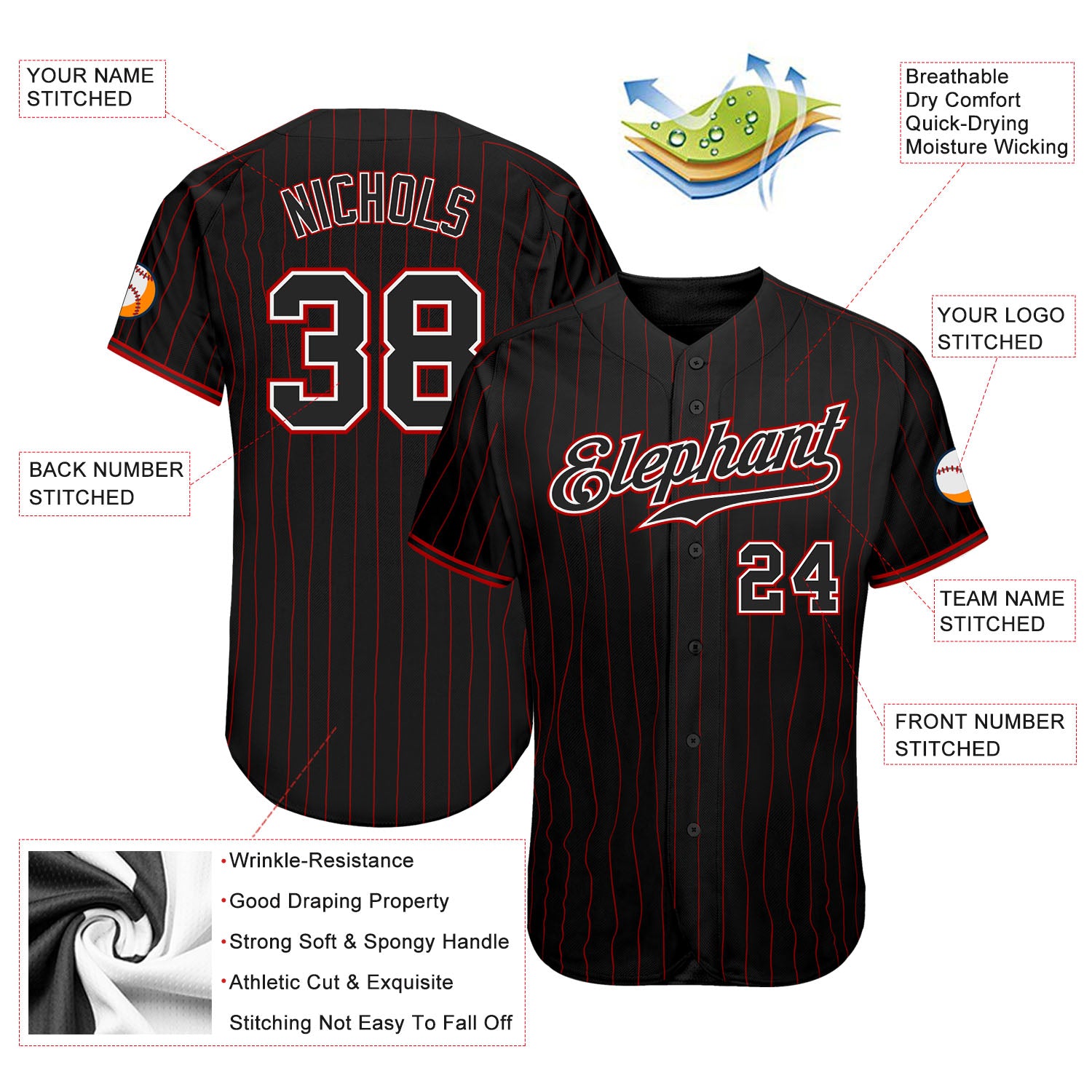 Custom Black Red Pinstripe Black-White Authentic Baseball Jersey