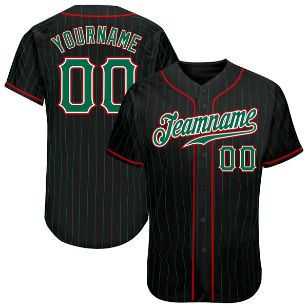 Custom Black Kelly Green Pinstripe Kelly Green-Red Authentic Baseball Jersey