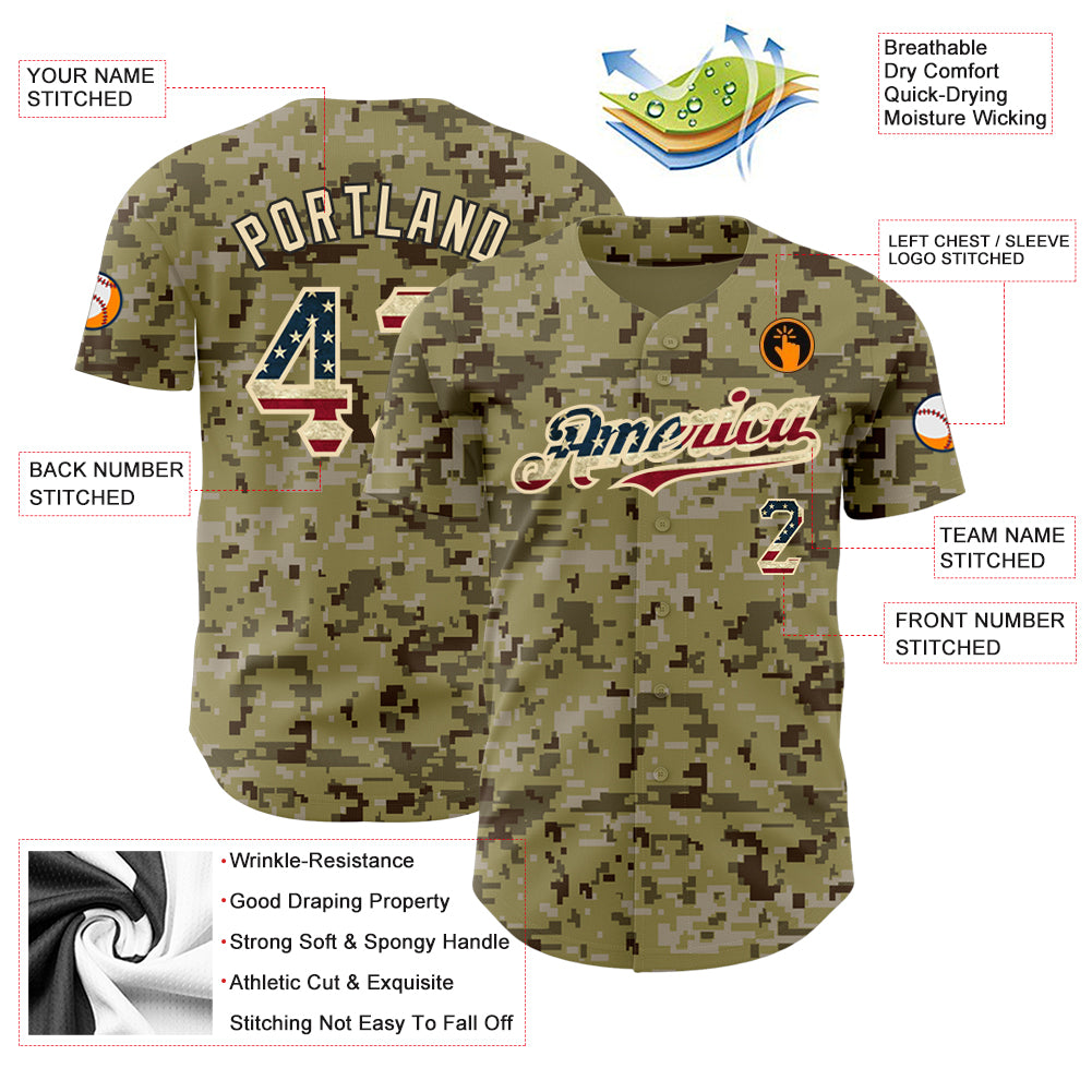 Custom Camo Vintage USA Flag-City Cream Authentic Salute To Service Baseball Jersey