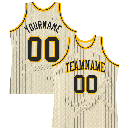 Custom Gray Black Pinstripe Black-Gold Authentic Basketball Jersey Discount