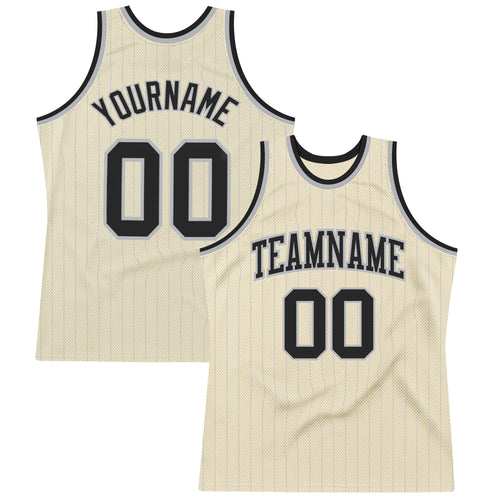 Custom Gray Black Pinstripe Black-Gold Authentic Basketball Jersey Discount