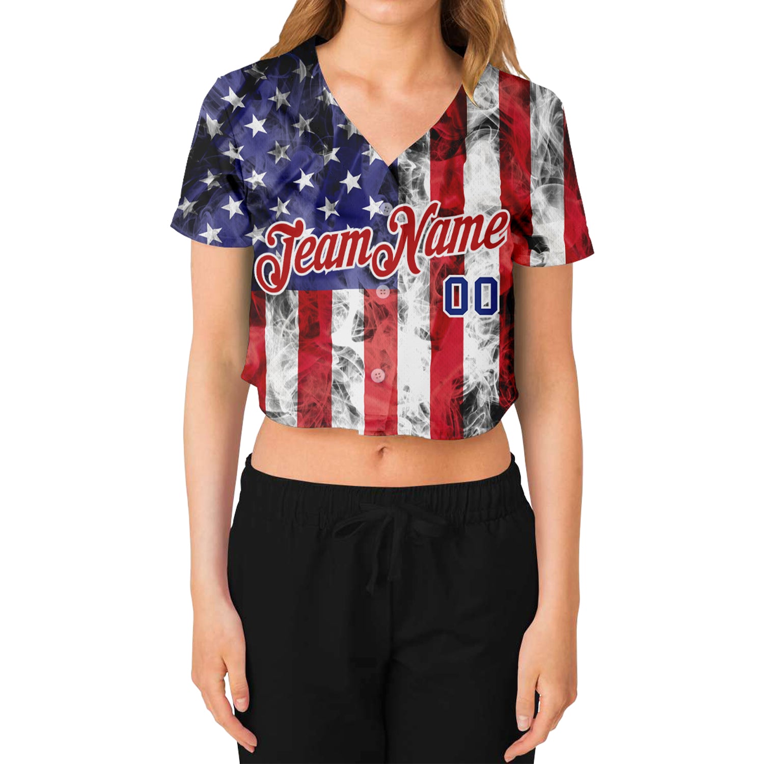 Custom Women's White Royal-Red American Flag Fashion 3D V-Neck Cropped Baseball Jersey