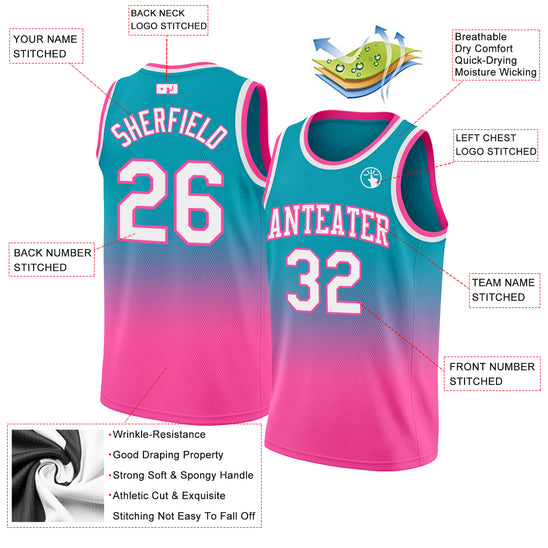 Custom Teal White-Pink Authentic Fade Fashion Basketball Jersey