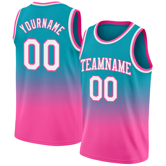 Custom Teal White-Pink Authentic Fade Fashion Basketball Jersey