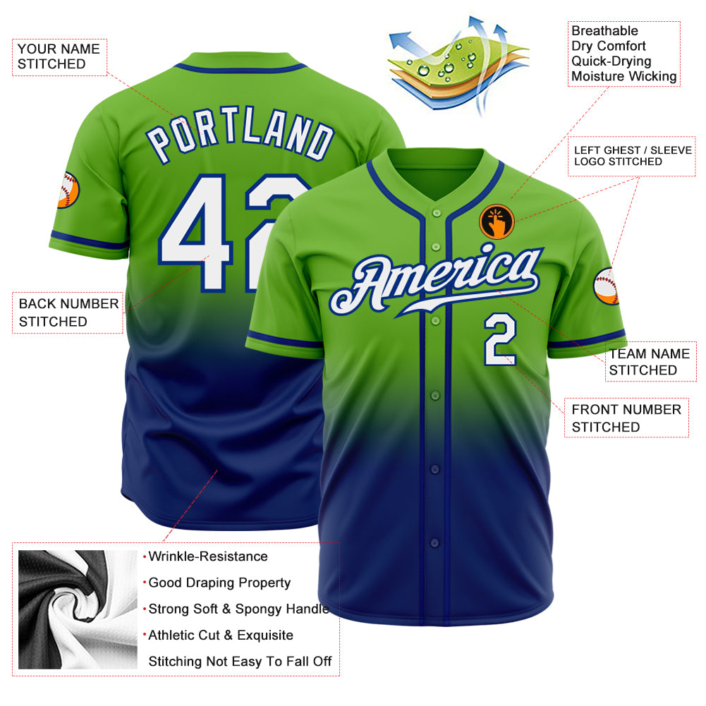 Custom Neon Green White-Royal Authentic Fade Fashion Baseball Jersey