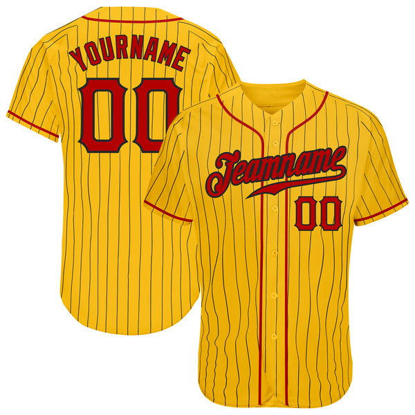 Custom Yellow Black Pinstripe Red-Black Authentic Baseball Jersey