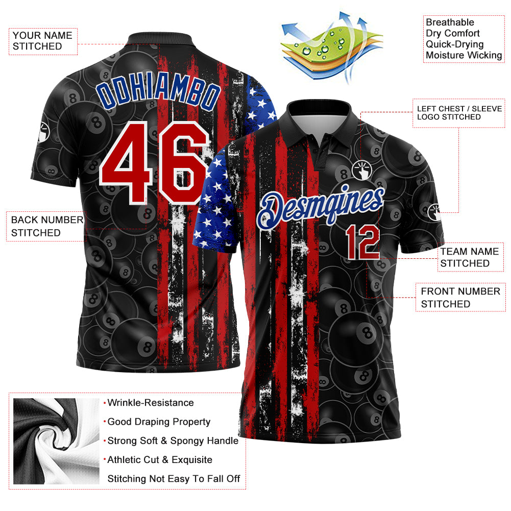 Custom Black Red-Royal 3D Pattern Design Billiards Snooker 8 Ball American Flag Performance Polo Shirt