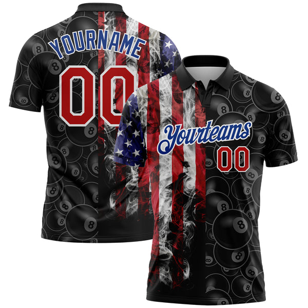 Custom Black Red-Royal 3D Pattern Design Billiards Snooker 8 Ball American Flag Performance Polo Shirt