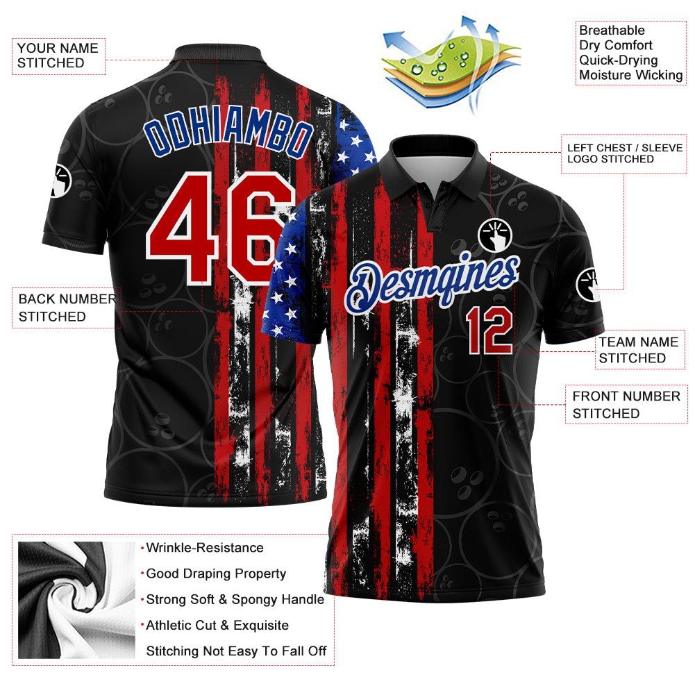 Custom Black Red-Royal 3D Pattern Design Bowling Ball American Flag Performance Polo Shirt