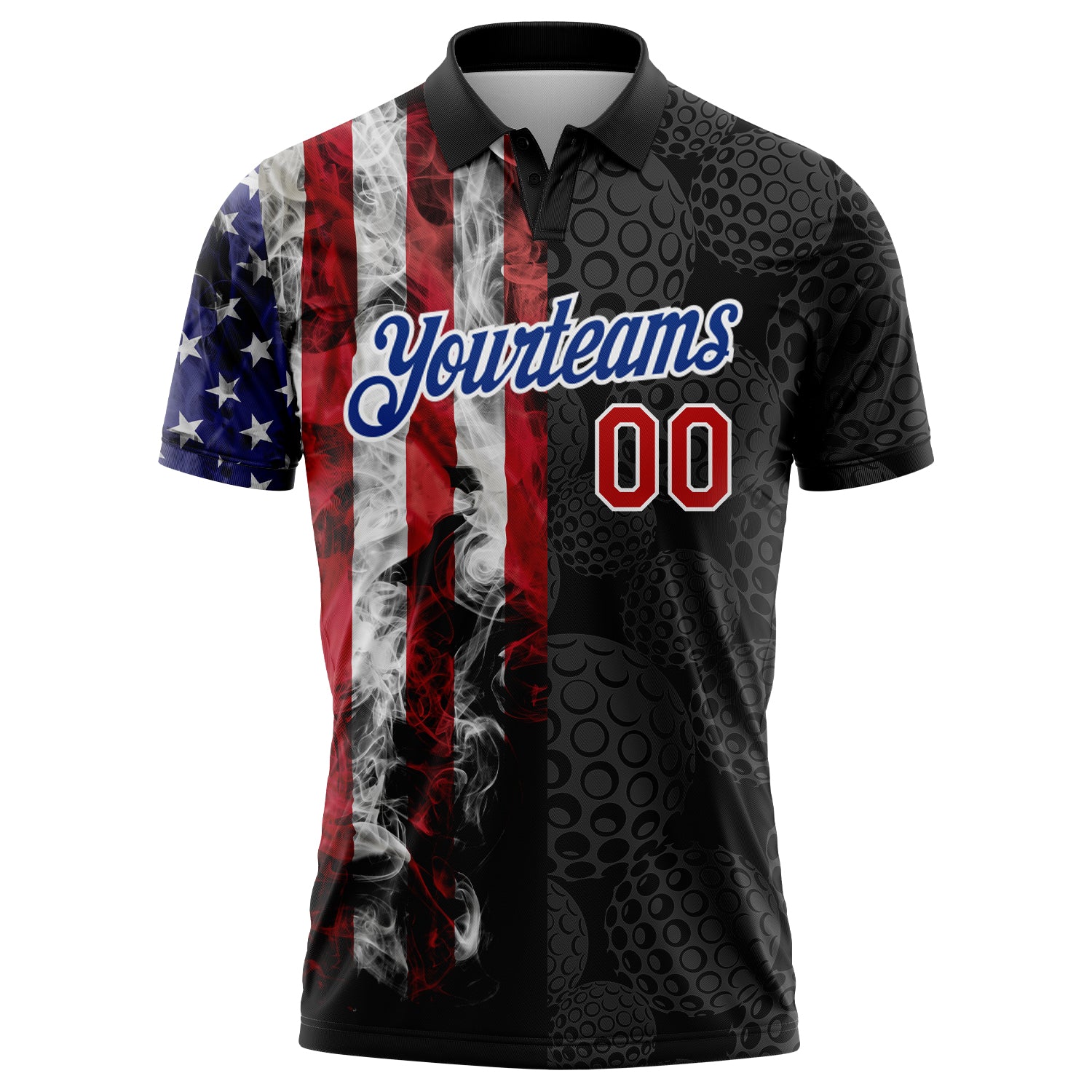 Custom Black Red-Royal 3D Pattern Design Golf Ball American Flag Performance Golf Polo Shirt