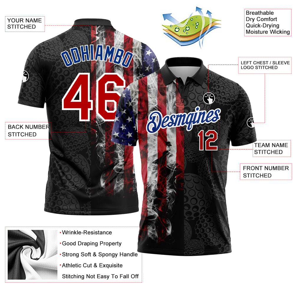 Custom Black Red-Royal 3D Pattern Design Golf Ball American Flag Performance Golf Polo Shirt