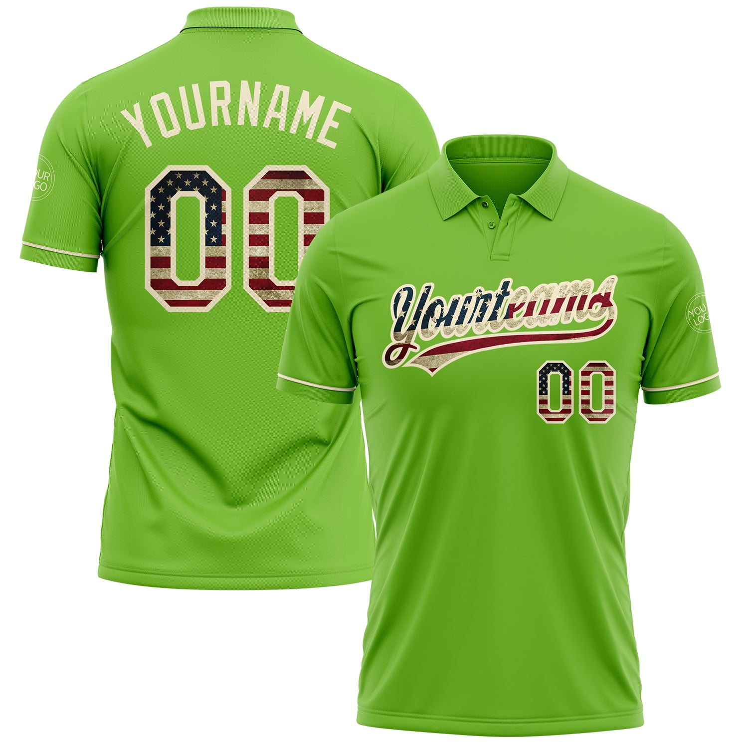 Custom Neon Green Vintage USA Flag-Cream Performance Vapor Golf Polo Shirt