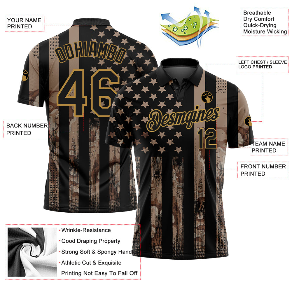 Custom Camo Black-Old Gold American Flag Performance Salute To Service Golf Polo Shirt