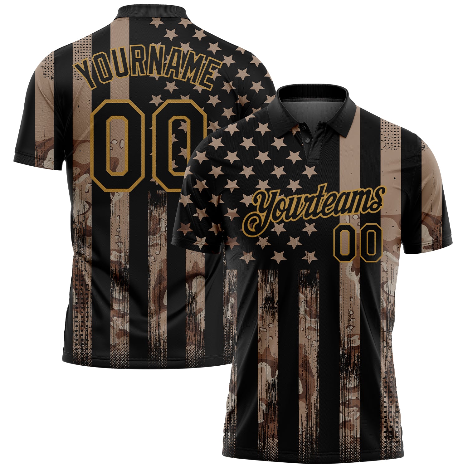 Custom Camo Black-Old Gold American Flag Performance Salute To Service Golf Polo Shirt