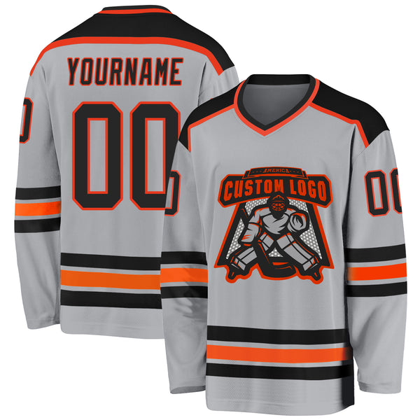 Custom Gray Black-Orange Hockey Jersey