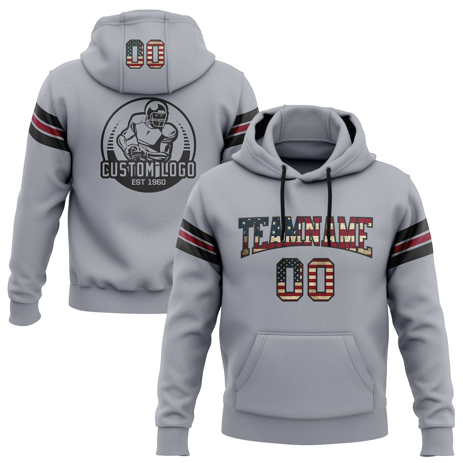 Custom Stitched Gray Vintage USA Flag Black-Crimson Football Pullover Sweatshirt Hoodie