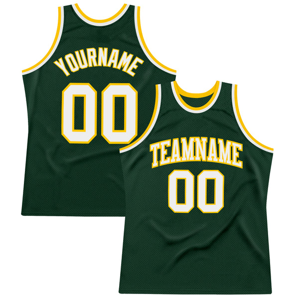 Custom Hunter Green White-Gold Authentic Throwback Basketball Jersey