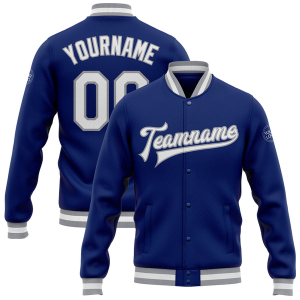 Custom Royal White-Gray Bomber Full-Snap Varsity Letterman Jacket