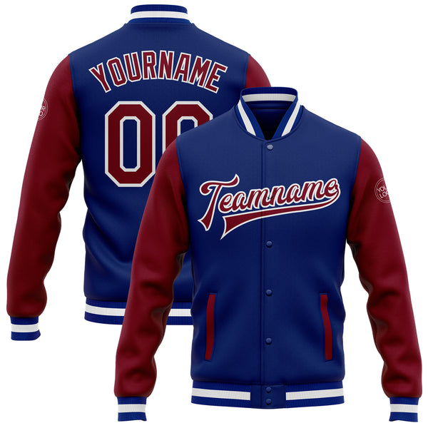 Custom Royal Crimson-White Bomber Full-Snap Varsity Letterman Two Tone Jacket