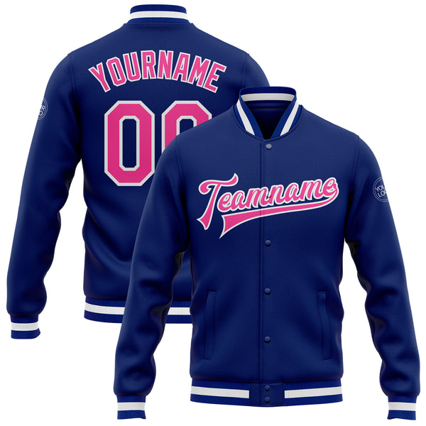 Custom Royal Pink-White Bomber Full-Snap Varsity Letterman Jacket