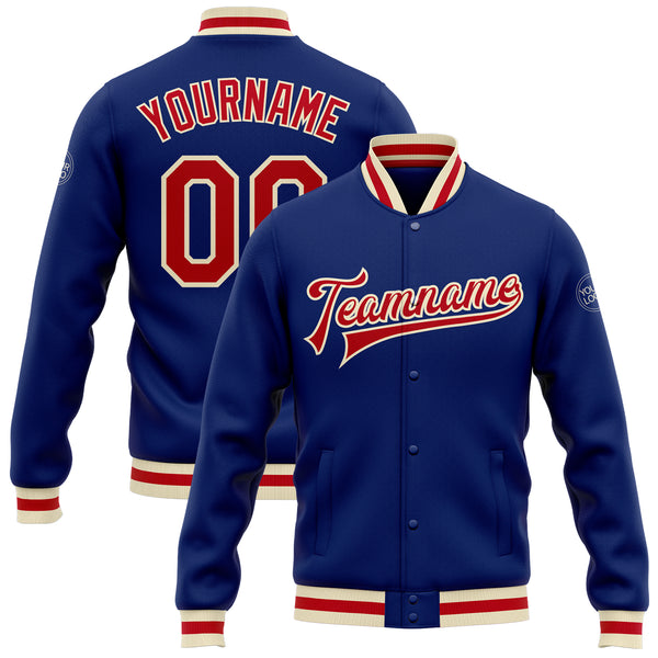 Custom Royal Red-Cream Bomber Full-Snap Varsity Letterman Jacket