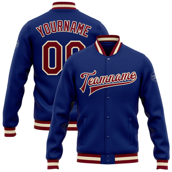 Custom Royal Maroon-Cream Bomber Full-Snap Varsity Letterman Jacket