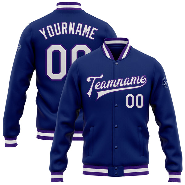 Custom Royal White-Purple Bomber Full-Snap Varsity Letterman Jacket