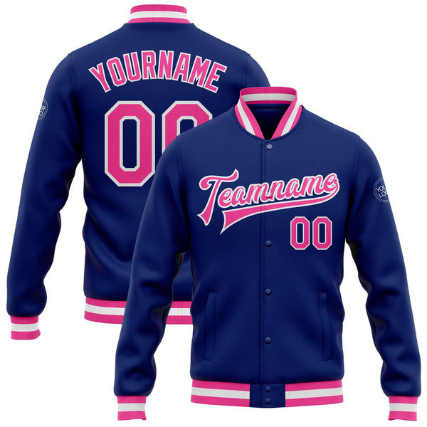 Custom Royal Pink-White Bomber Full-Snap Varsity Letterman Jacket