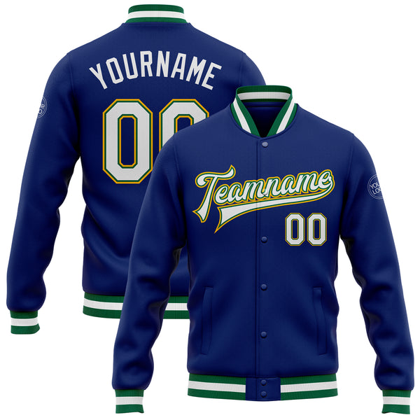 Custom Royal White Kelly Green-Gold Bomber Full-Snap Varsity Letterman Jacket