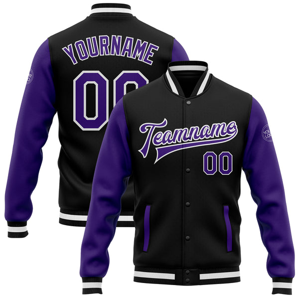 Custom Black Purple-White Bomber Full-Snap Varsity Letterman Two Tone Jacket