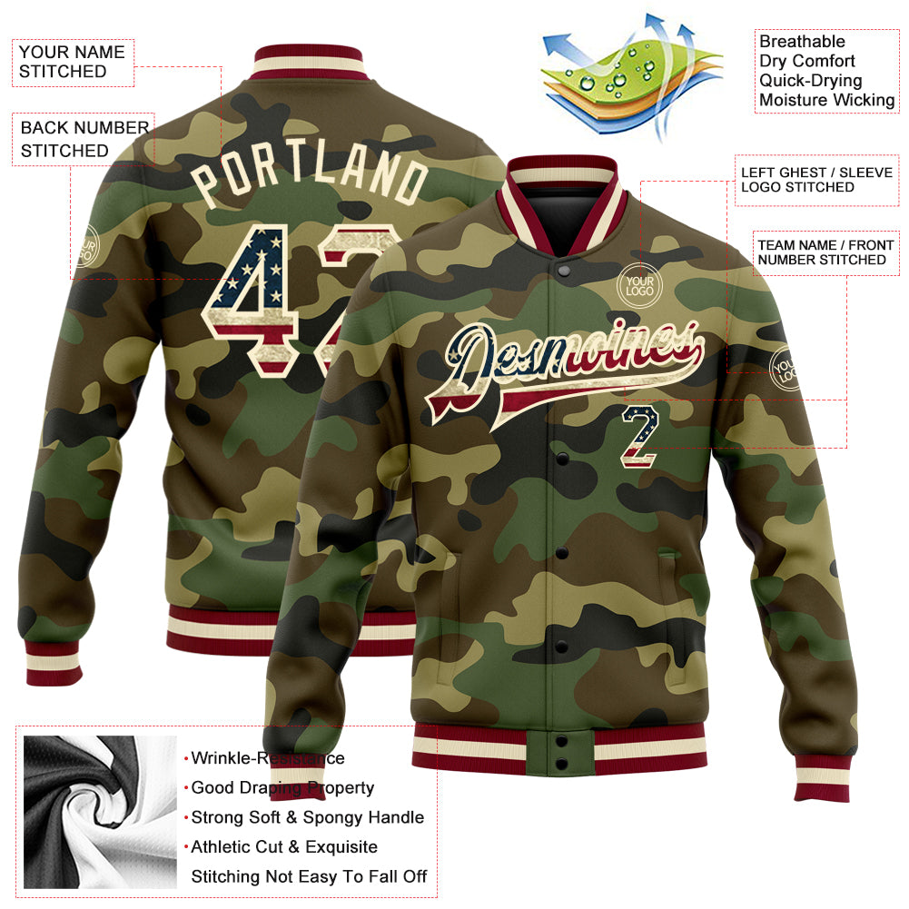 Custom Camo Vintage USA Flag Cream-Maroon Bomber Full-Snap Varsity Letterman Salute To Service Jacket