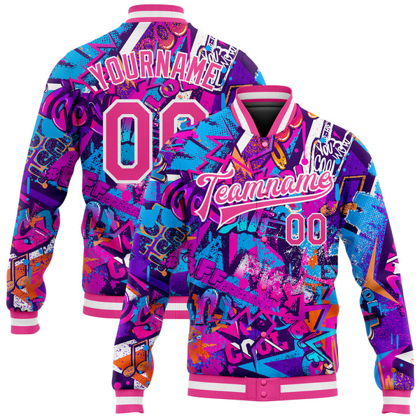 Custom Graffiti Pattern Pink-White Words 3D Bomber Full-Snap Varsity Letterman Jacket