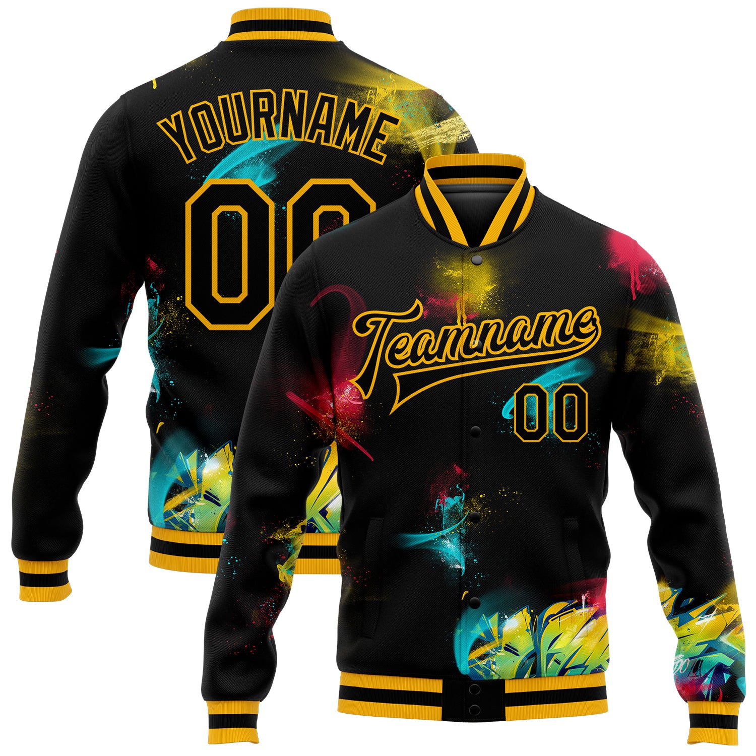 Custom Graffiti Pattern Black-Gold 3D Bomber Full-Snap Varsity ...