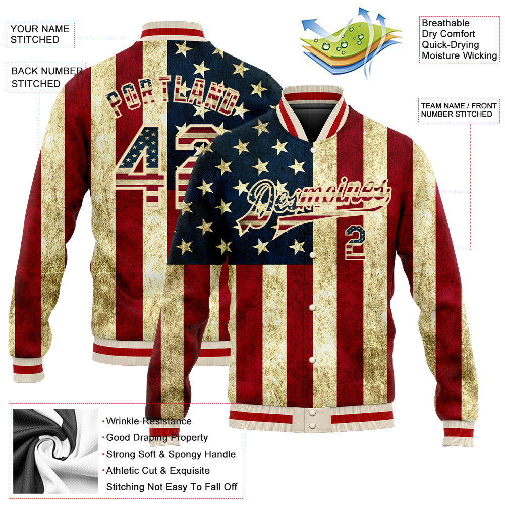 Custom Cream Vintage USA Flag-Red American Flag Fashion 3D Bomber Full-Snap Varsity Letterman Jacket