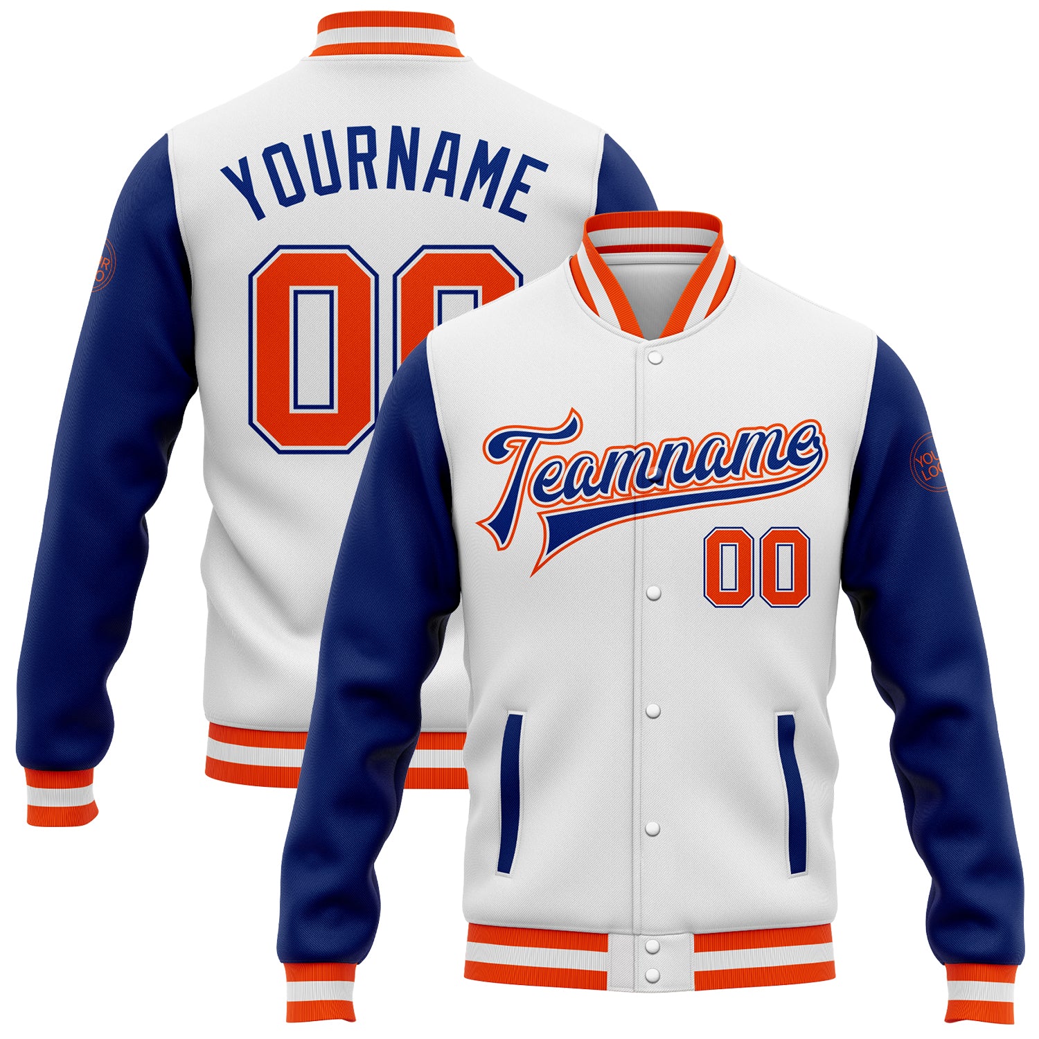 Custom White Orange-Royal Bomber Full-Snap Varsity Letterman Two Tone ...