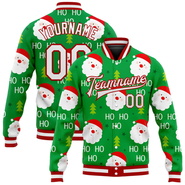 Custom Kelly Green White-Red Christmas 3D Bomber Full-Snap Varsity Letterman Jacket