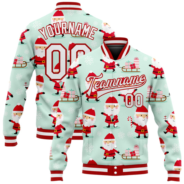 Custom Pea Green White-Red Christmas 3D Bomber Full-Snap Varsity Letterman Jacket