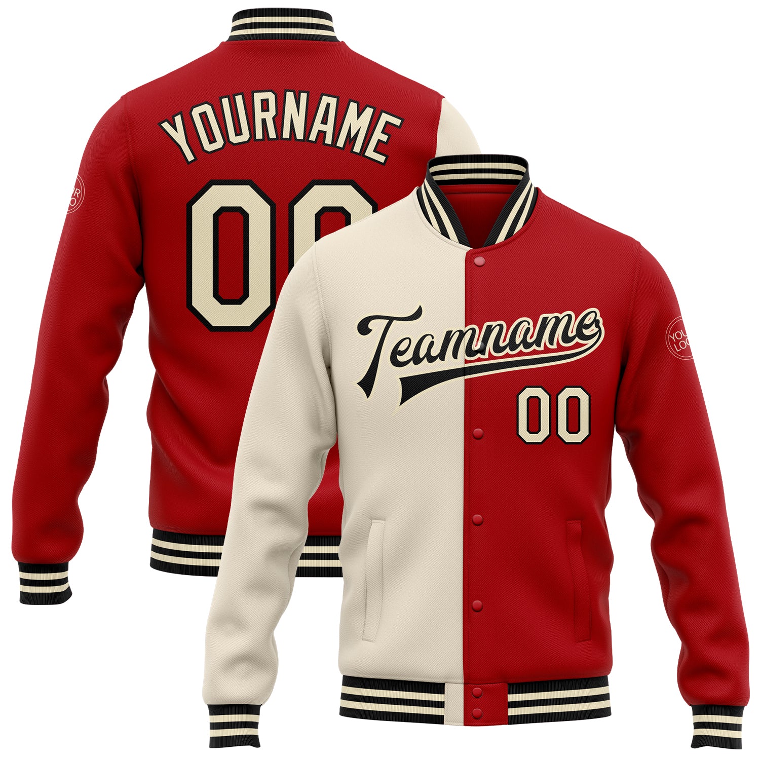 Custom Red Cream-Black Bomber Full-Snap Varsity Letterman Split Fashion ...