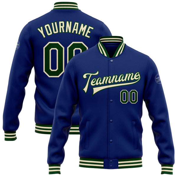 Custom Royal Green-Cream Bomber Full-Snap Varsity Letterman Jacket