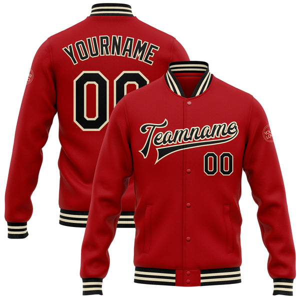 Custom Red Black-Cream Bomber Full-Snap Varsity Letterman Jacket