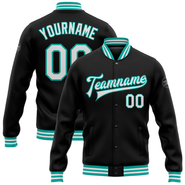 Custom Black White-Aqua Bomber Full-Snap Varsity Letterman Jacket