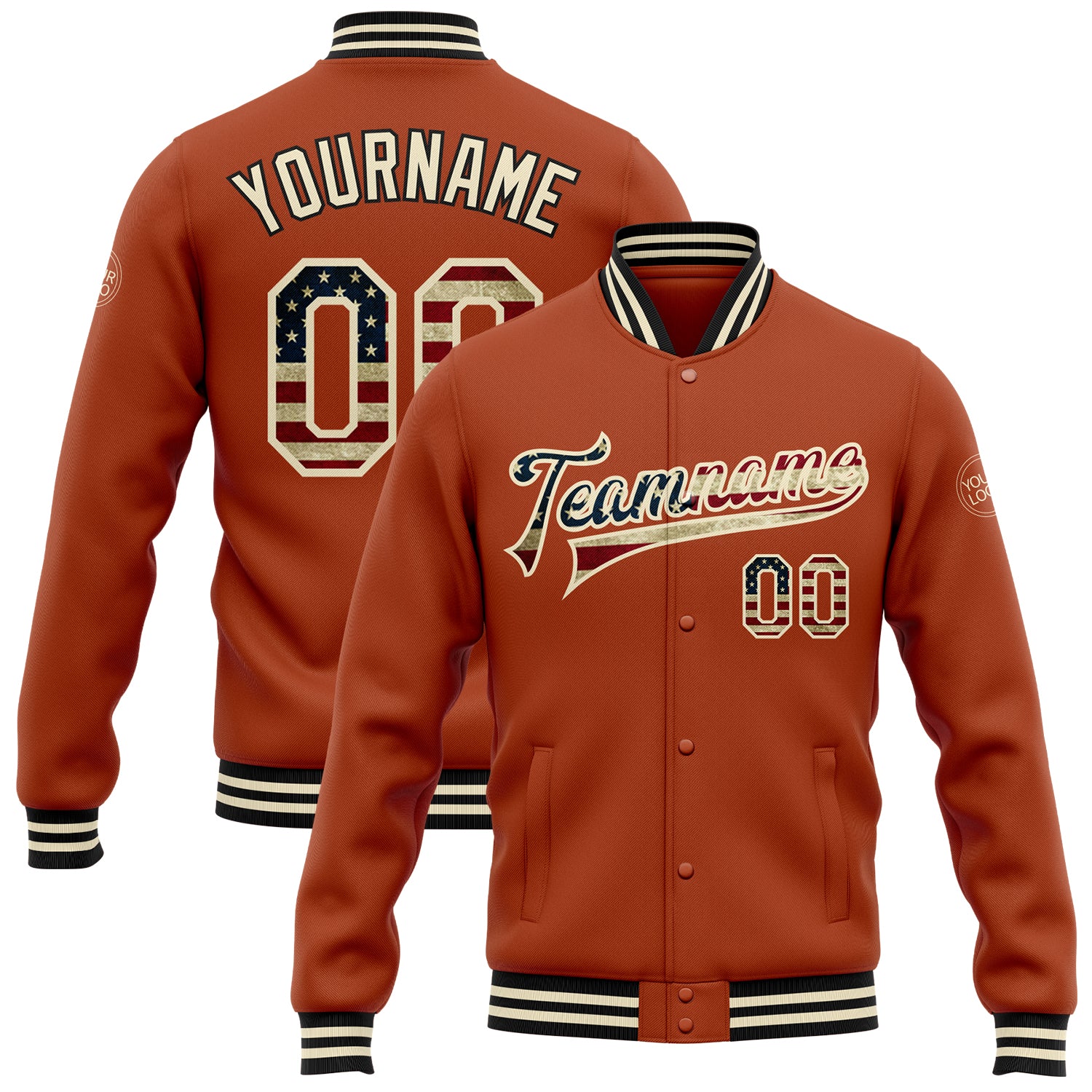 Custom Texas Orange Vintage USA Flag Cream-Black Bomber Full-Snap Varsity Letterman Jacket