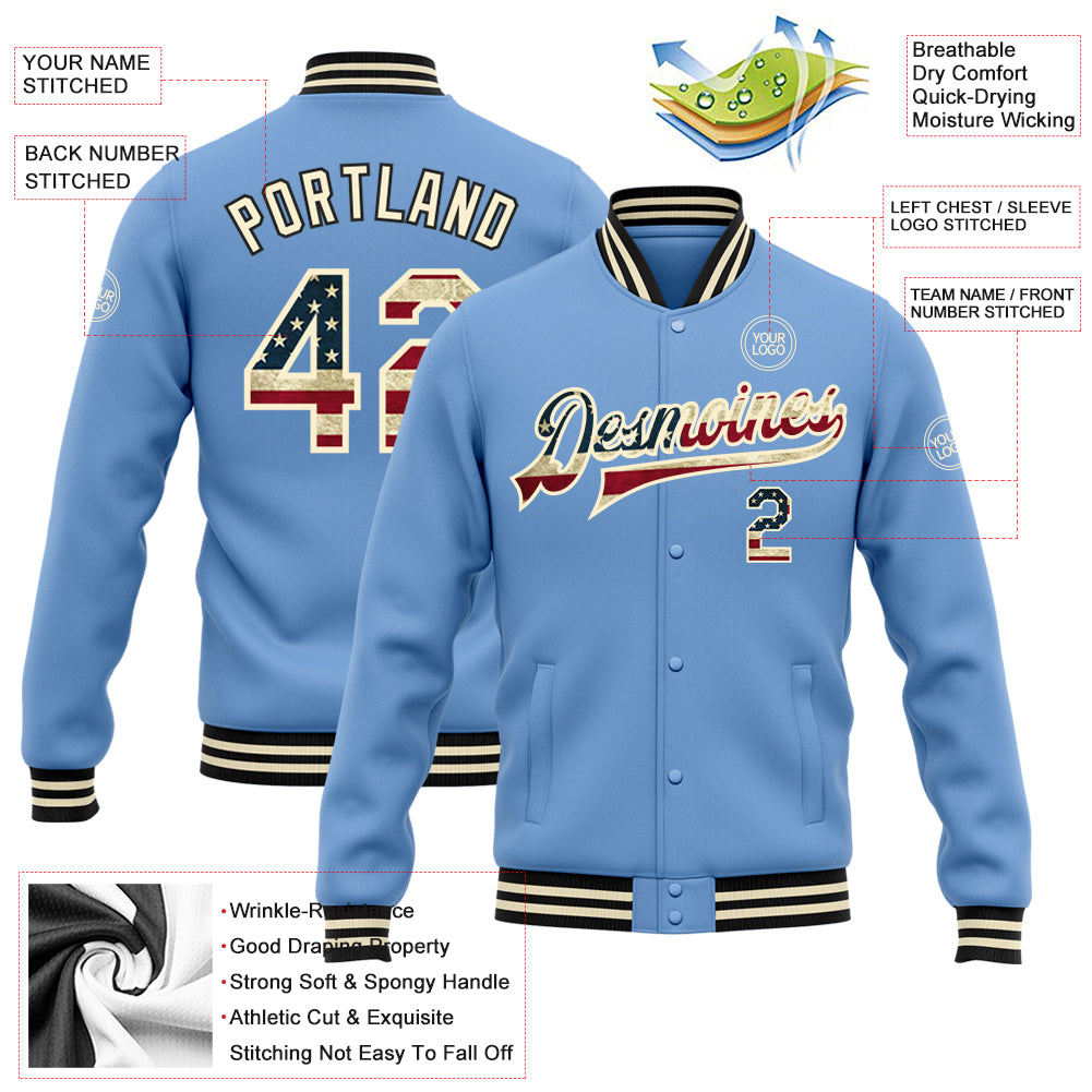 Custom Light Blue Vintage USA Flag Cream-Black Bomber Full-Snap Varsity Letterman Jacket