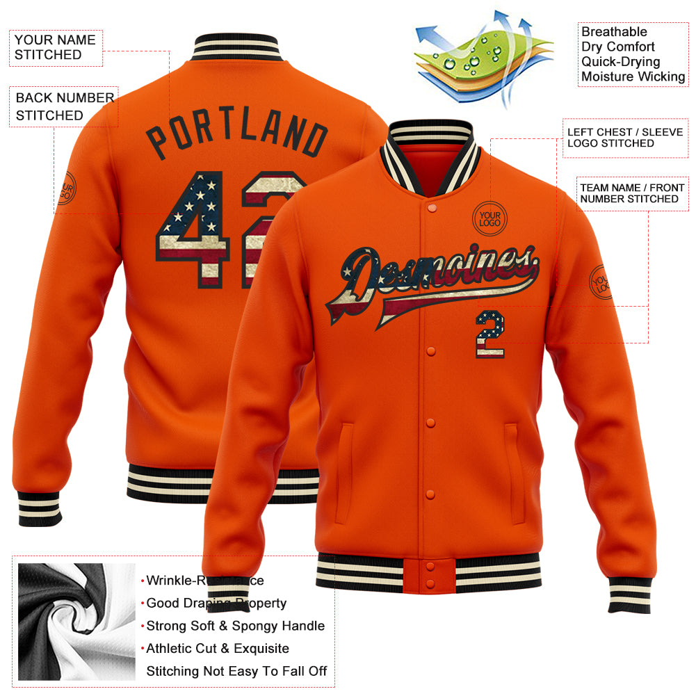 Custom Orange Vintage USA Flag Black-Cream Bomber Full-Snap Varsity Letterman Jacket