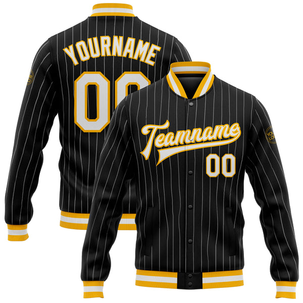 Custom Black White Pinstripe Gold Bomber Full-Snap Varsity Letterman Jacket