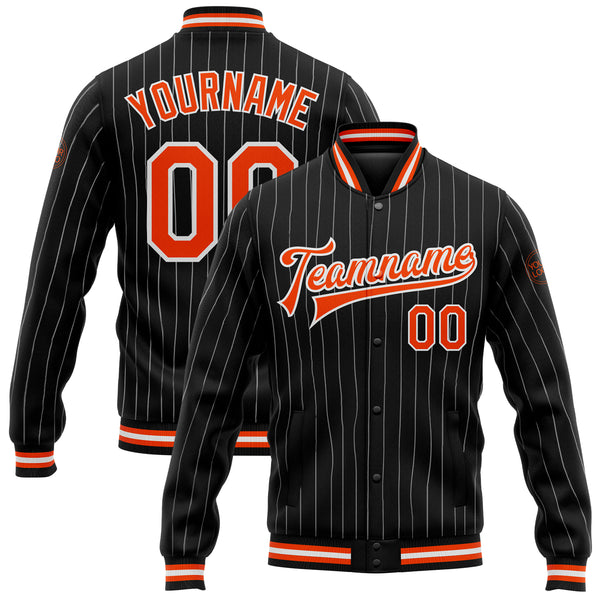 Custom Black White Pinstripe Orange Bomber Full-Snap Varsity Letterman Jacket