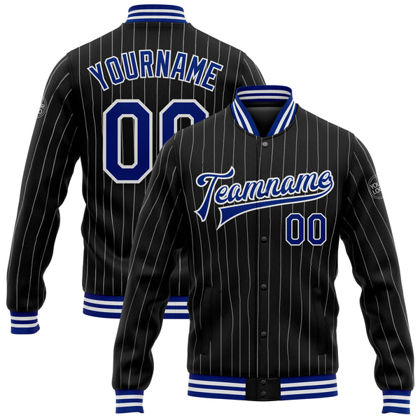 Custom Black White Pinstripe Royal Bomber Full-Snap Varsity Letterman Jacket