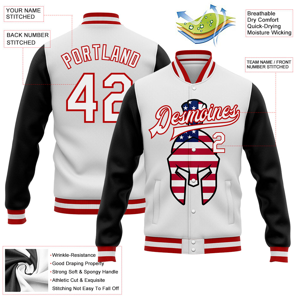 Custom White Red-Black Spartan Logo With USA Flag 3D Pattern Design Bomber Full-Snap Varsity Letterman Two Tone Jacket