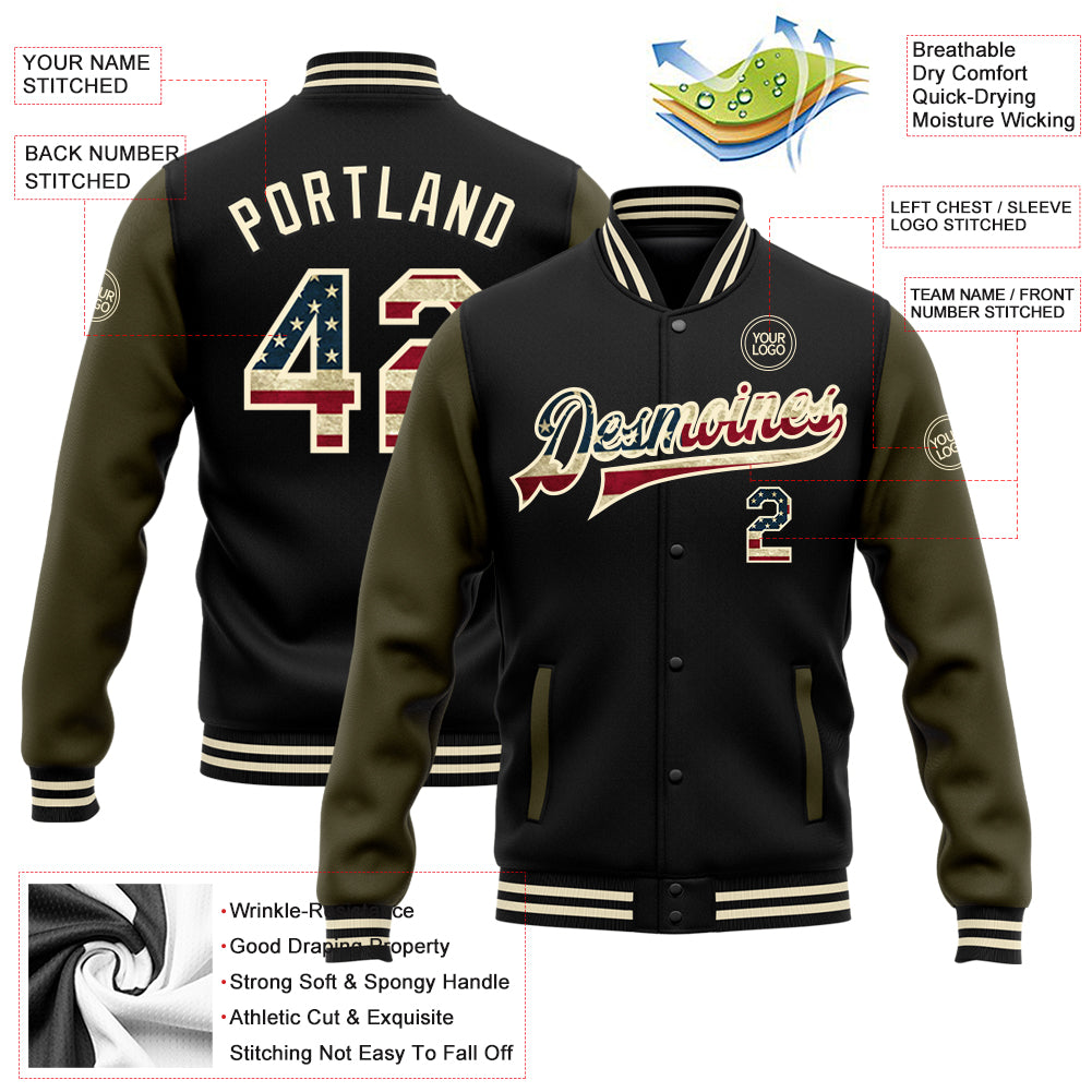 Custom Black Vintage USA Flag Cream-Olive Bomber Full-Snap Varsity Letterman Two Tone Jacket