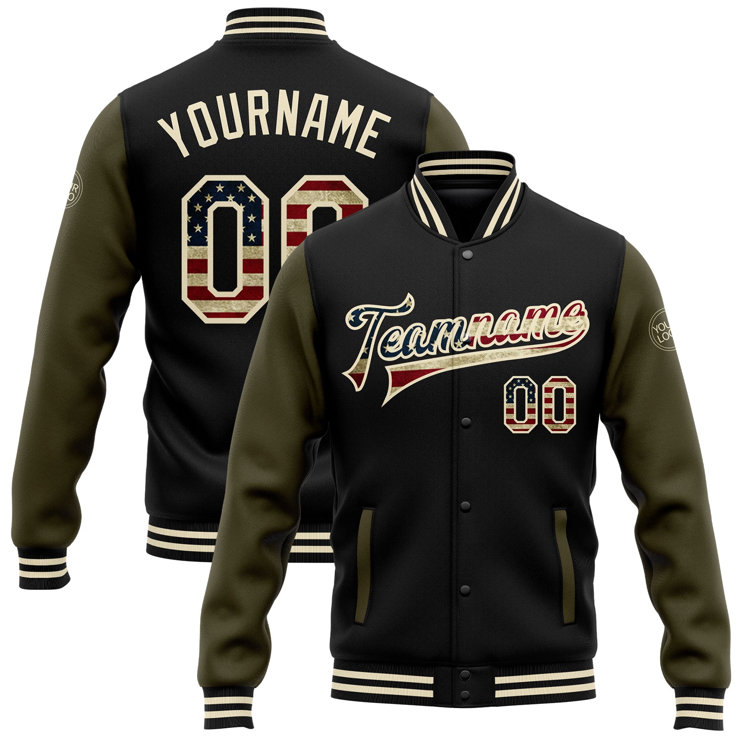 Custom Black Vintage USA Flag Cream-Olive Bomber Full-Snap Varsity Letterman Two Tone Jacket